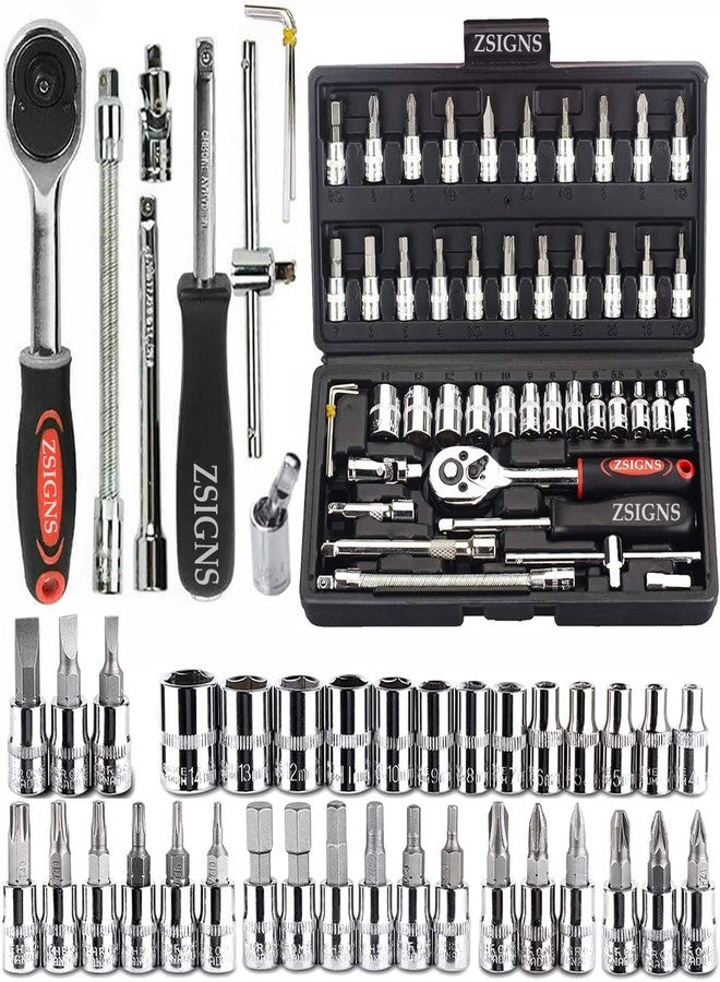 ZSIGNS 46Pcs 1/4 Inch Drive Box End Socket Set,Metric Ratchet Wrench Set With 4-14Mm Cr-V Sockets,S2 Bits,Extension Bars,Mechanic Tool Kits For Household Auto Repair (Black), Chrome Vanadium Steel - Image 1